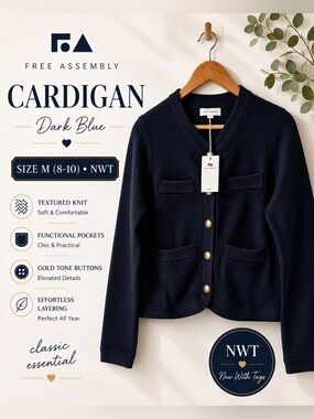 Free Assembly Textured Knit Cardigan Dark Blue Cropped Button Front Size M NWT
